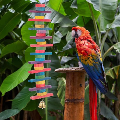 4 Pcs Parrot Toys, Birds Toys with Multicolored Natural Wood Blocks, Bird Chew Toys with Hook and Bell, Bird Cage Toys for Conures, Parakeets, Cockatiels, Lovebirds, African Grey Macaws, 2 Designs
