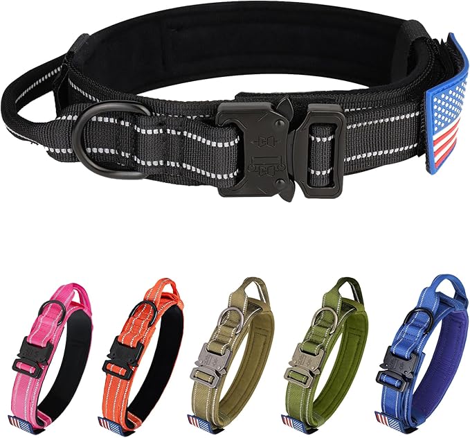KCUCOP Tactical Dog Collar, Heavy Duty Dog Collar with Handle and Metal Buckle, Military Thick Dog Collars for Medium and Large Dogs(Black-L-Reflective, 1 Patch)