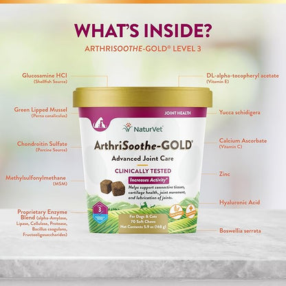 NaturVet ArthriSoothe-Gold Level 3 Advanced Joint Care for Dogs  Soft Chew Dog Supplement with Glucosamine, MSM, Chondroitin & Hyaluronic Acid  Wheat-Free Pet Supplements  70 Ct.