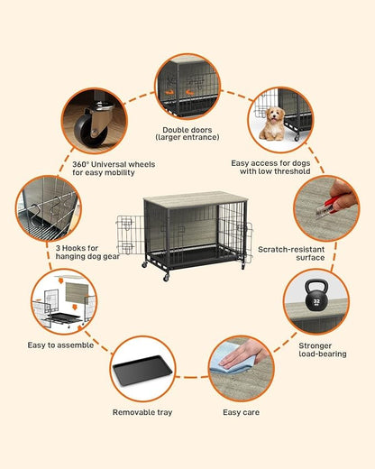 Dog Crate Furniture, Dog Kennel with Dual Doors, Dog Crates Furnitures with Removable Tray & 360° Wheels, Indoor Home for Small Dogs (Grey & Black, Small)