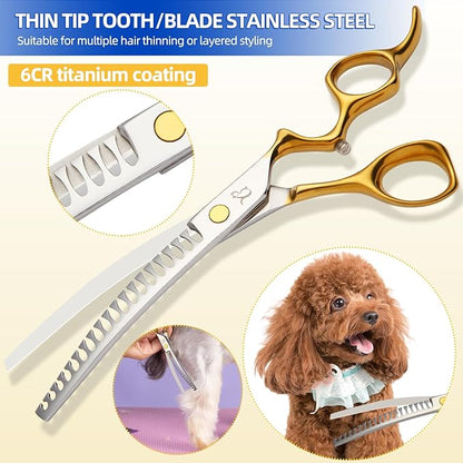 Dog Grooming Scissors,Curved Chunkers Shears Dog Grooming with Safety Round Tips, Sharp and Comfortable 4 in 1 Dog Scissors for Grooming