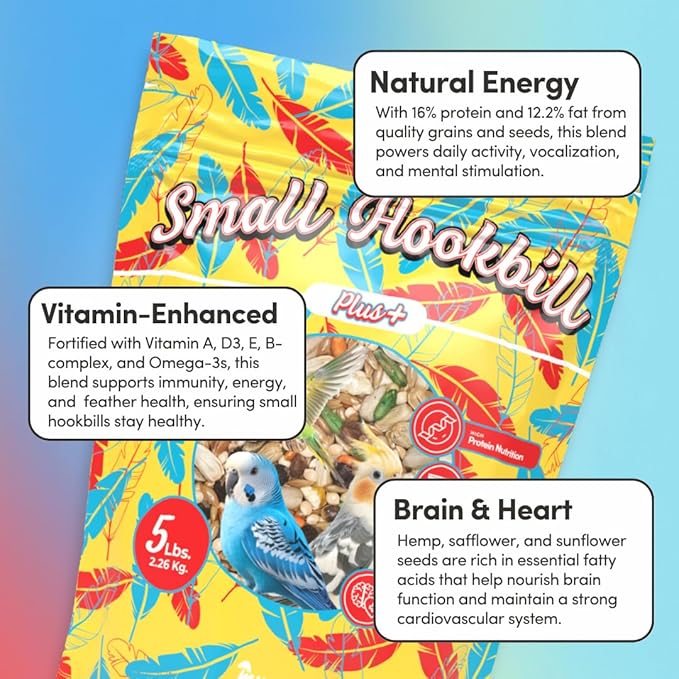 Mycelium Organic Small Hookbill Plus Feed (5 LBS) | High-Protein Bird Food for Parrotlets, Lovebirds, Cockatiels & Conures | Brain & Heart Support | Omega-Rich, Vitamin-Fortified | Non-GMO, USA Made