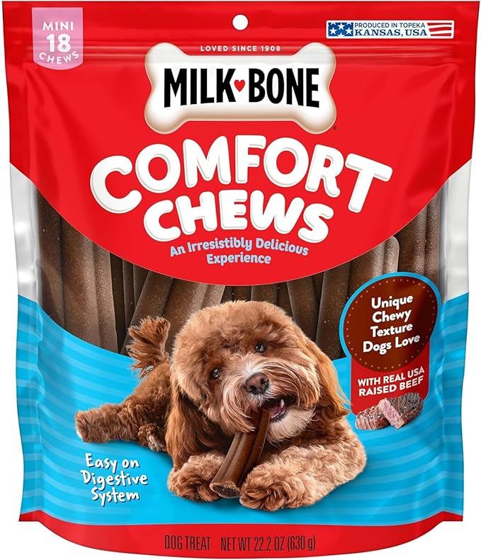 Milk-Bone Mini Comfort Chews, Rawhide Free Dog Treats with Unique Chewy Texture and Real Beef, 18 Mini Chews (Pack of 4)