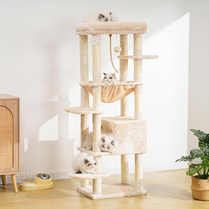 Heybly Cat Tree for Large Cats 20lbs Heavy Duty,60 inches XXL Cat Tower for Indoor Cats, Multi-Level Furniture Condo with Big Padded Plush Perch, Cozy Basket, Beige HCT050M
