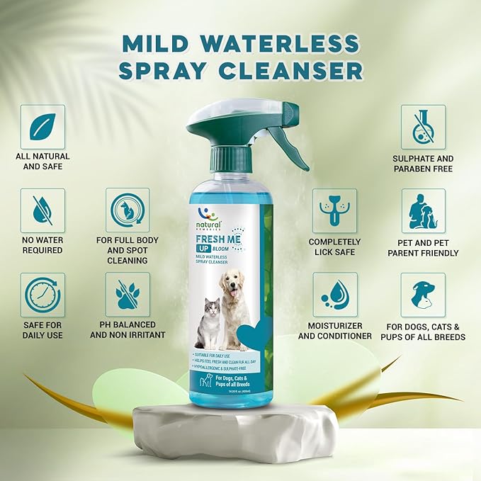 Natural Remedies Fresh Me Up Bloom Waterless Spray Cleanser for Dogs and Cats - Dry Shampoo- Grooming Bath Supplies- Pet Deodorizer, Lick Safe, Hypoallergenic & Sulphate Free, All Breeds,14.20 fl. oz.