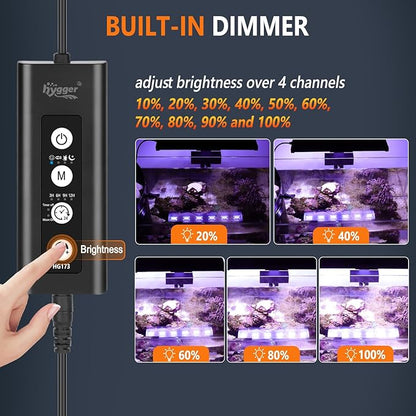 hygger LED Saltwater Aquarium Light, 24/7 Mode Nano Tank Reef Light for Coral, Refugium Light with White, Blue, U-V LEDs Dimmer Timer Moonlight Mounting Bracket 2 Metal Legs 11'' Long 19W