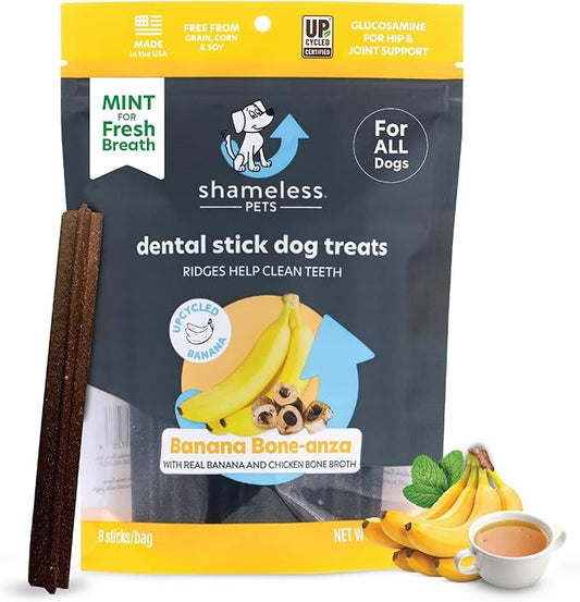 Shameless Pets Dental Treats for Dogs, Banana Bone-Anza - Healthy Dental Sticks with Hip & Joint Support for Teeth Cleaning & Fresh Breath - Dog Bones Dental Chews Free from Grain, Corn & Soy
