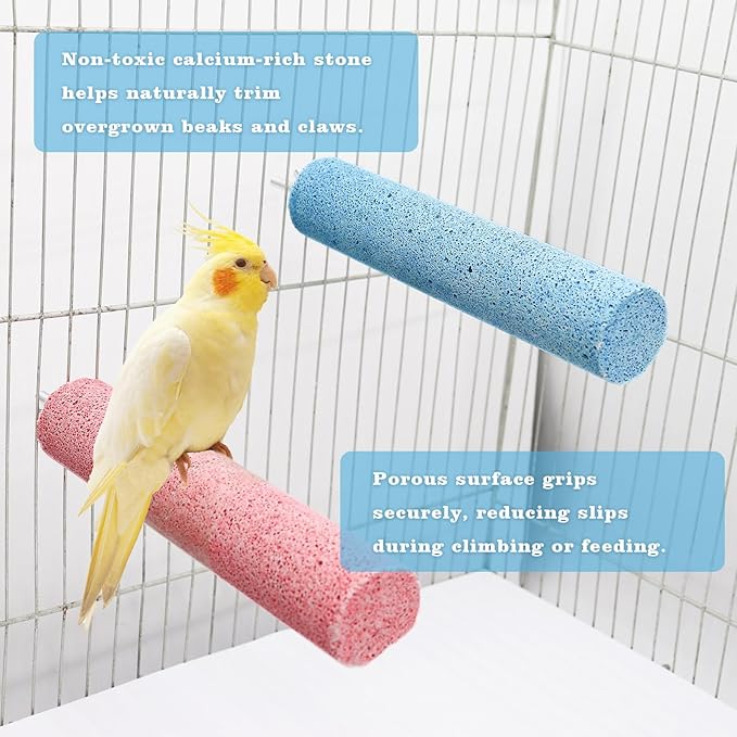 Dual-Textured Bird Perch, 2-Pack – Chewable Mineral Stone & Metal Rod Stand for Small/Medium Birds | Cage Mounted Perches for Beak Grinding, Claw Trimming (Blue & Pink)