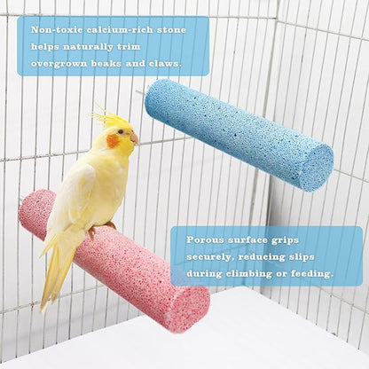 Dual-Textured Bird Perch, 2-Pack – Chewable Mineral Stone & Metal Rod Stand for Small/Medium Birds | Cage Mounted Perches for Beak Grinding, Claw Trimming (Blue & Pink)