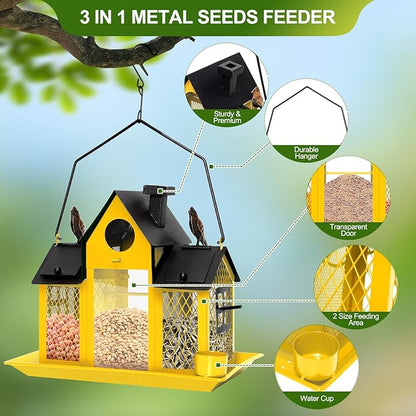 Solar Bird Feeders House for Outdoors Hanging, 7LBS Large Capacity Metal Wild Bird Feeder Squirrel Proof for Outside with Water Cup, Cardinal Birdfeeder Birdhouses Gift for Bird Lovers (Yellow)
