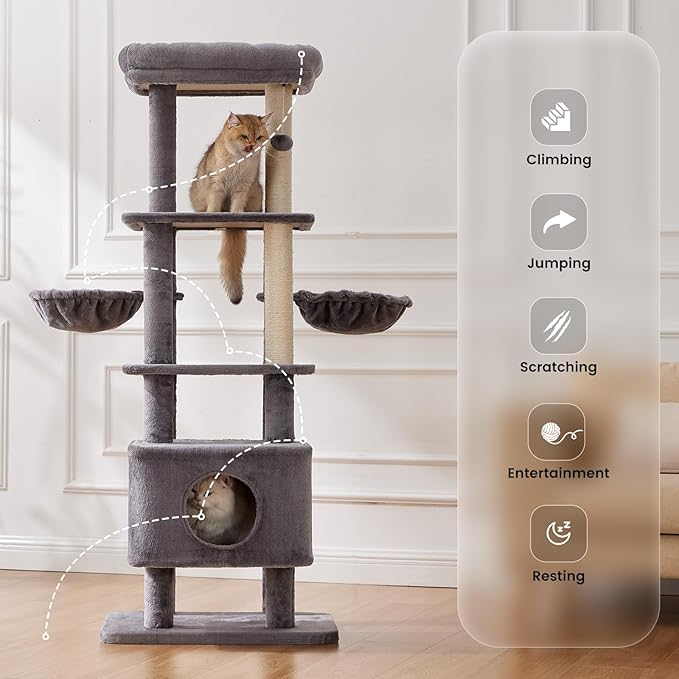Gardner Pet 65in Heavy Duty Cat Tree Tower for Large Cats, Multi-Level Cat Furniture with Replaceable Sisal Scratching Post, Hammock | Extra-Large Platform & Condo (Grey)