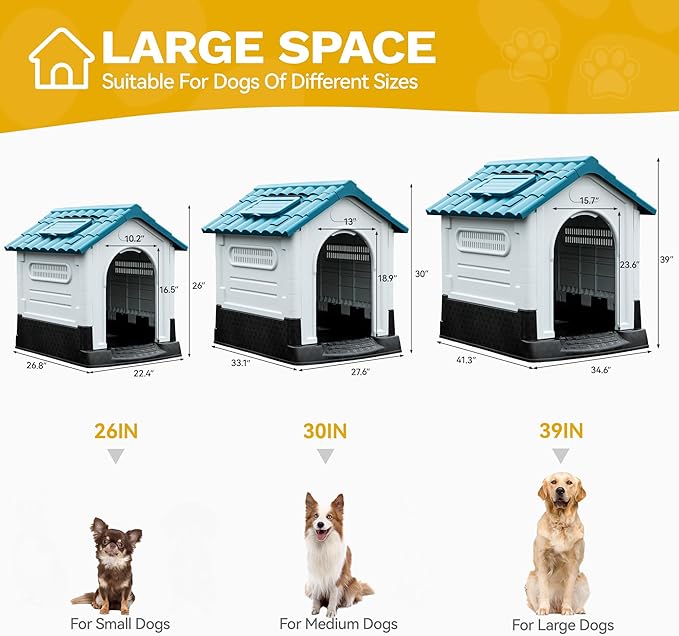 DWVO 26.8'' Plastic Foldable Dog House for Small Dogs, Waterproof Folding Pet House with Adjustable Top Window and Elevated Base (26.8''L x 22.4''W x 26''H)