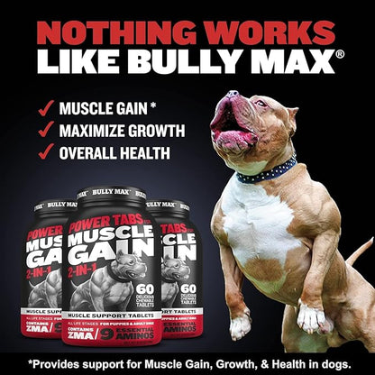 Bully Max 2-in-1 Muscle Builder Chewable Tablets for Puppies & Adult Dogs - Ultimate Canine Dog Supplement for Muscle Gain - 60 Tabs (3 Bottles)