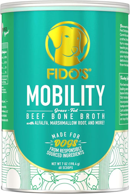 Fido's Mobility Bone Broth for Dogs - Grass-Fed Beef Bone Broth Powder & Organic Herbs - Joint Supplement for Dogs - Dog Food Topper for Dry Food - 60 Scoops