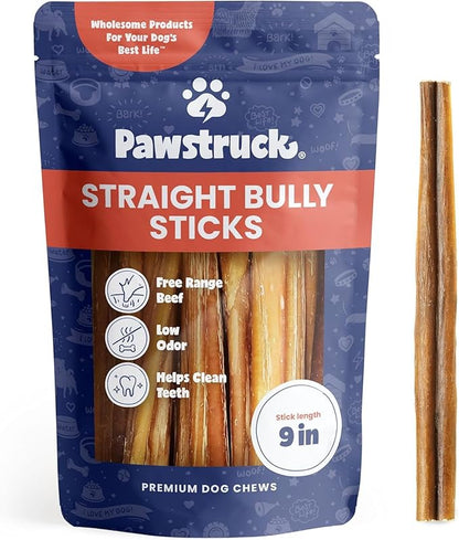 Pawstruck All-Natural 9" Bully Sticks for Dogs - Best Long Lasting, Rawhide Free, Low Odor & Grain Free Dental Chew Treat - Healthy Single Ingredient 100% Real Beef - 1 lb. Bag