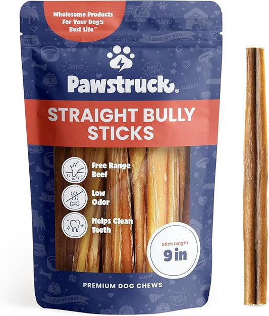 Pawstruck All-Natural 9" Bully Sticks for Dogs - Best Long Lasting, Rawhide Free, Low Odor & Grain Free Dental Chew Treat - Healthy Single Ingredient 100% Real Beef - 1 lb. Bag