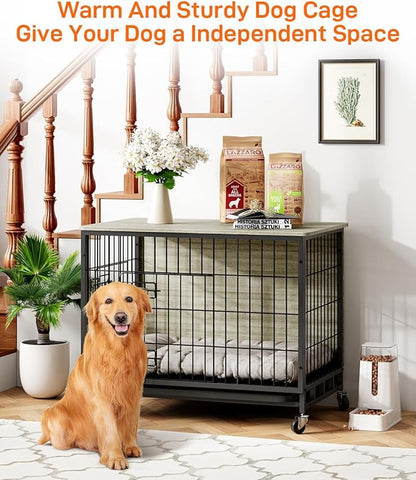 Dog Crate Furniture, 32.5" Double-Doors Dog Kennel Indoor with Removable Tray and Wheels, Wooden Dog Crates for Medium Dogs, Dog Kennel Furniture, Decorative Dog Cage End Table, Rustic Grey