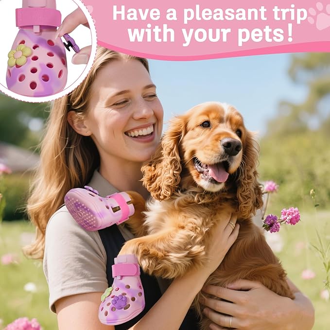 Dog Shoes for Hot Pavement, Adjustable Magic Tape Boots for Small, Medium & Large Dogs, Anti-Slip, Easy to Clean Paw Protectors for Beach, Outdoor & Hot Weather (Pink L)