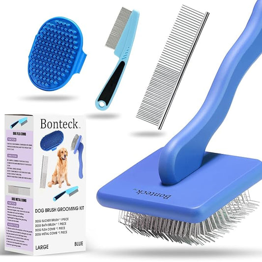 Dog slicker Brush for Dogs Grooming Kit 4PCS | Large Dog Brush for Goldendoodles Poodles Doodles | Long Pin Haired Brush | Dog Bath Brushes Flea Comb(Blue)
