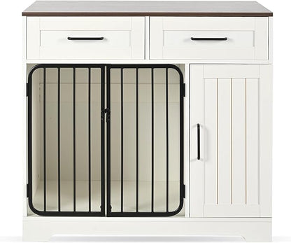 Ball & Cast 37.4" 2-in-1 Dog Crate Furniture,Modern Indoor Kennel with 2 Drawers&Storage Shelves,Double Doors&Double Locks Design for 26-40 lbs Dogs,Living Room,Kitchen,Entryway Side Table,White