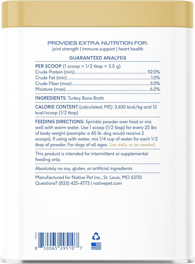 Native Pet Bone Broth for Dogs and Cats - Turkey Bone Broth Powder Dog Food Toppers for Picky Eaters - Provides Extra Nutrition for Joint Strength, Immune Support & Heart Health - 96 Scoops