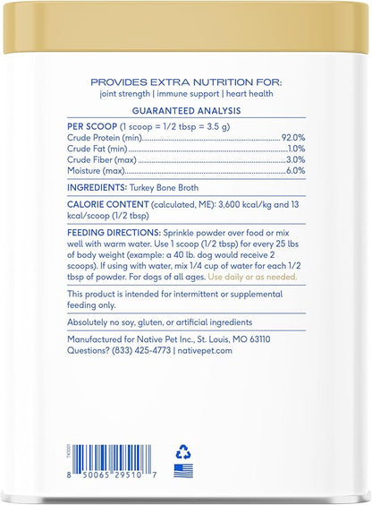 Native Pet Bone Broth for Dogs and Cats - Turkey Bone Broth Powder Dog Food Toppers for Picky Eaters - Provides Extra Nutrition for Joint Strength, Immune Support & Heart Health - 96 Scoops