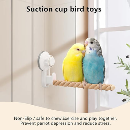 2Pcs Suction Cup Bird Perch,Natural Wood Parrot Window/Mirror/Car/Travel/Shower Perches Stand Portable Parakeet Grinding Stick Training Toys for Small and Medium Birds(Twist Grain)