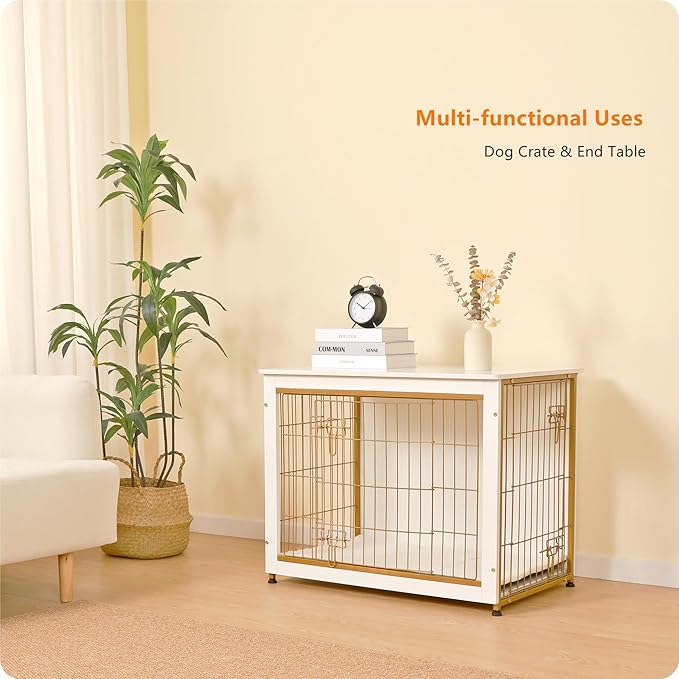 DWANTON Dog Crate Furniture with Cushion, Wooden Dog Crate Table, Double Doors Dog Furniture, Indoor Dog Kennel, Dog House, Dog Cage Medium, 32.5" L, White