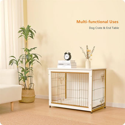 DWANTON Dog Crate Furniture with Cushion, Wooden Dog Crate Table, Double Doors Dog Furniture, Indoor Dog Kennel, Dog House, Dog Cage Medium, 32.5" L, White
