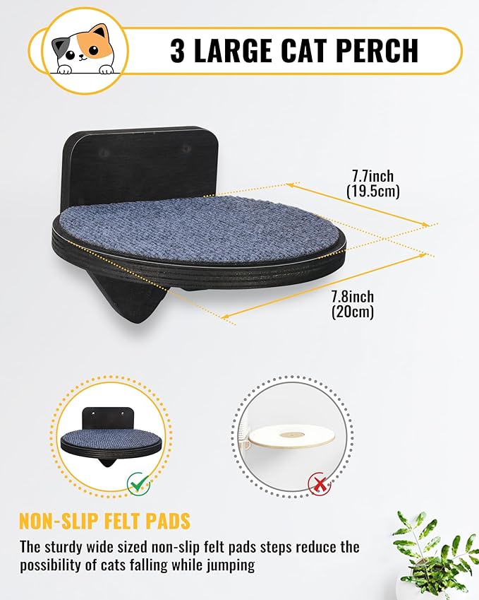 Wooden Cat Wall Shelves with 3 Steps – Space-Saving Wall Mounted Cat Tree Set, Modern Climbing Wall Furniture & DIY Shelves Kit for Small Apartments, Cat Bed for Sleeping, Playing and Climbing