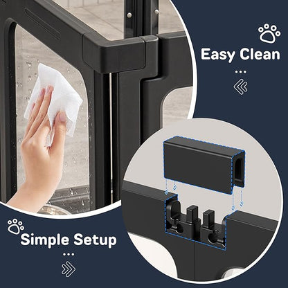 Acrylic Dog Playpen Indoor, 8 PCS Plastic Puppy Playpen with Door, Clear PlayPen for Dog Cat Rabbit Ferret, Easy Assemble Pen, Preferable Small Cage, Black, 33.5" L x 33.5" W x 24" H