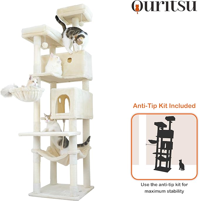 Ouritsu Cat Tree, 73.6 inch Tall Cat Climbing Tower for Large Cat Indoor with 2 Large Condos, 2 Widened Perches, Sisal Covered Scratching Posts, 2 Hammocks, Beige, XLF001WH