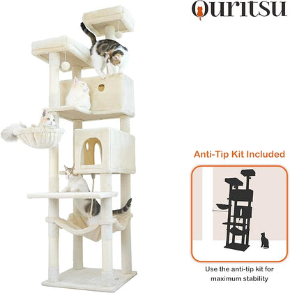 Ouritsu Cat Tree, 73.6 inch Tall Cat Climbing Tower for Large Cat Indoor with 2 Large Condos, 2 Widened Perches, Sisal Covered Scratching Posts, 2 Hammocks, Beige, XLF001WH