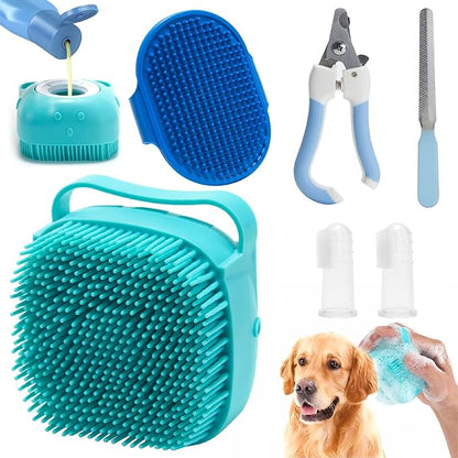 6Pcs Silicone Pet Grooming Set: Bath Massage Dispenser Brush, Finger Toothbrush, Nail Clippers and File for Dogs and Cats