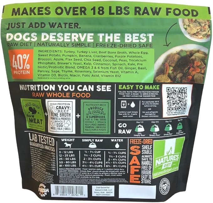 Nature's Diet Simply Raw® Freeze-Dried Raw Whole Food Meal - Makes 18 Lbs Fresh Raw Food With Muscle, Organ, Bone Broth, Whole Egg, Superfoods, Fish Oil Omega 3, 6, 9, Probiotics & Prebiotics (turkey)