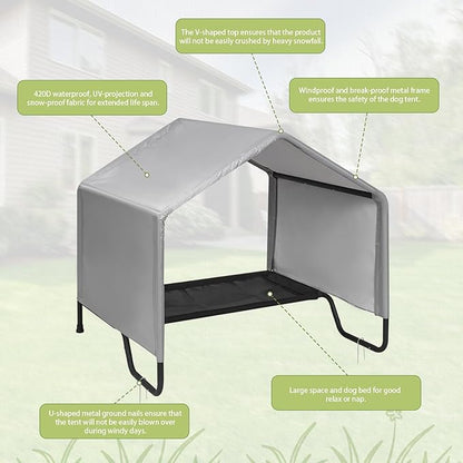 Dog Shade Shelter Outdoor Tent for Small Medium Large Dogs, Waterproof Sun Protection Dog Tent with Bed, Outside Sun Rain Canopy Pet House for Dogs Cats Livestock, Grey, 39.8x39.8x41.3 in