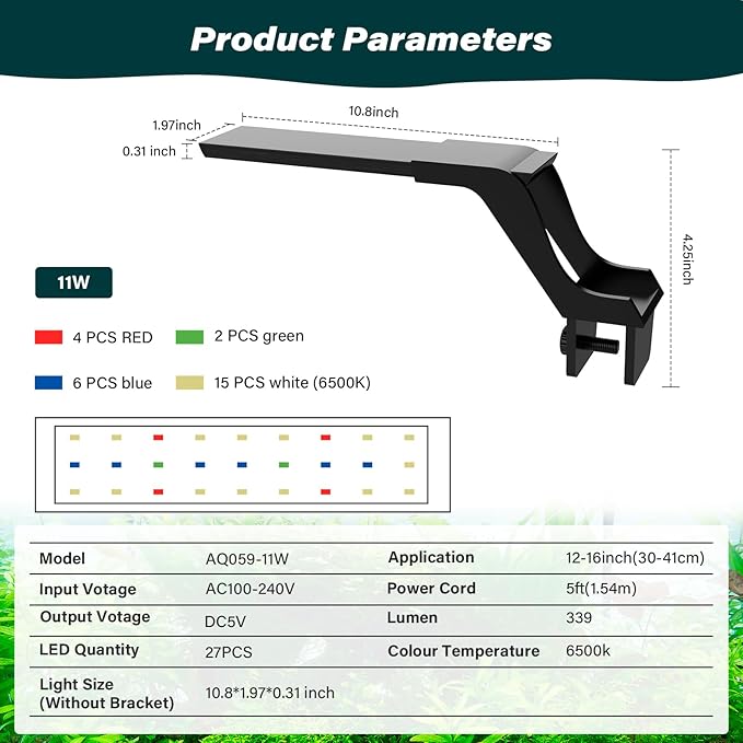 AQQA Aquarium Clip On Light,Fish Tank Full Spectrum LED Light,24/7 Sunrise Sunrise Mode+10 Adjustable Brightness Levels+Detachable Bracket+RGB LEDs + USB and Adapter,for Freshwater (11W)