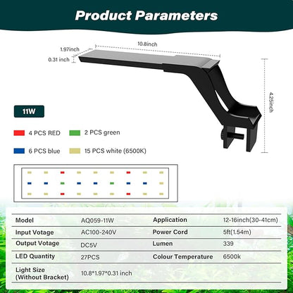 AQQA Aquarium Clip On Light,Fish Tank Full Spectrum LED Light,24/7 Sunrise Sunrise Mode+10 Adjustable Brightness Levels+Detachable Bracket+RGB LEDs + USB and Adapter,for Freshwater (11W)