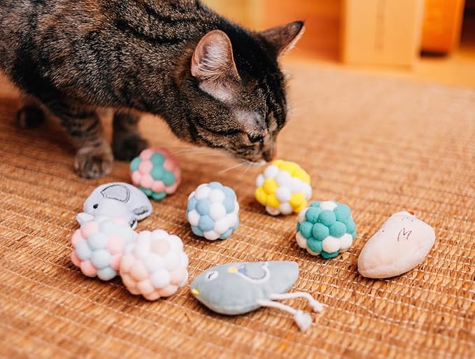 9PCS Cat Toys Set – Plush Balls & Catnip Toys for Indoor Cats and Kittens, Interactive Lightweight Play Balls with Bell, Soft & Durable Kitten Toys for Exercise and Fun