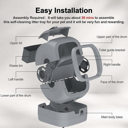 Automatic Cat Litter Box Self Cleaning - APP Control - Weight Monitoring - Ultra-Quiet, Medium Cats and Kittens Litter Box, Safe Anti-Pinch【Assembly Required】- Grey