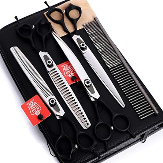 8.0 Inch Black Cutting& Chunker Pet Grooming 440C Stainless Steel Scissors with Comb Dog Hair Cutting and Thinning Shears Kit With Comb Dog Grooming For Pet Groomer 5pcs