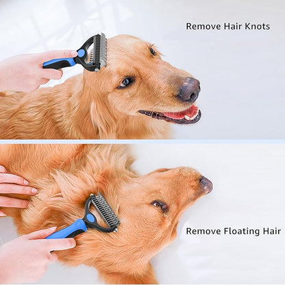 YINGFAN Pet Grooming Combo, Double-Sided Dematting Deshedding Undercoat Rake for Dogs and Cats, Extra Wide Dog Brush for Shedding (Blue)