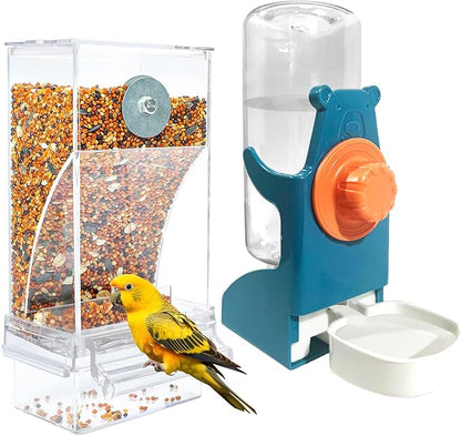VERTUPET No Mess Bird Feeders with Water Dispenser Automatic Transparent Acrylic Food Container Drinker for Cage Automatic Parrot Feeder Seed Container Cage Accessories (Blue)