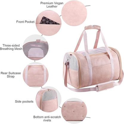 Fashion Leather Dog Carrier Cat Carrier Airline Approved Pet Carrier for Small Medium Dogs Cats Under 15Lbs, Collapsible Soft Sided Travel Puppy Carrier Pink