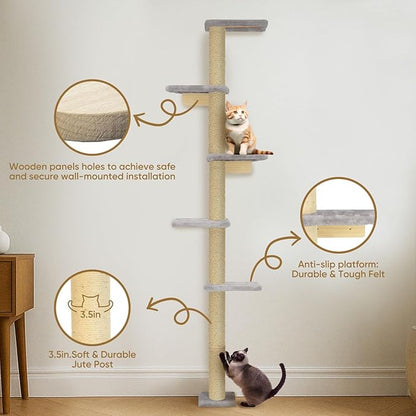PAWSCRAT Wall-Mounted Cat Tree, 5 Tier Floor to Ceiling Cats Tower, 80 Inch Wall-Mounted Cat Scratching Post, Space Saving Cat Furniture and Easliy Climb for All Cats, Gery