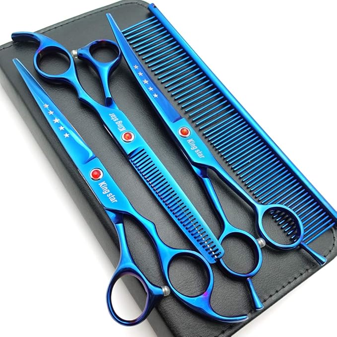 7.0in Titanium Professional Pet Grooming Scissors Set,Straight & Thinning & Curved Scissors 3pcs Set for Dog Grooming,A350 (Blue)