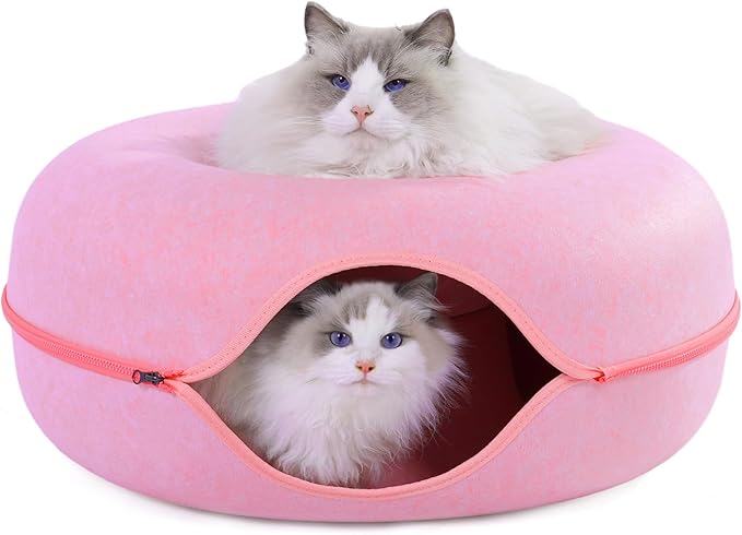 Large Cat Tunnel Bed for Indoor Cats with 3 Toys, Scratch Resistant Donut Cat Bed, Up to 30 Lbs (L 24x24x11, Pink)