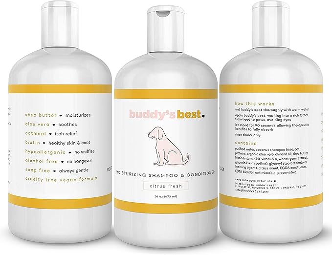 Buddy's Best Dog Shampoo for Smelly Dogs - Skin-Friendly, Oatmeal Dog Shampoo and Conditioner for Dry and Sensitive Skin - Moisturizing Puppy Wash Shampoo, Citrus Fresh Scent, 16oz