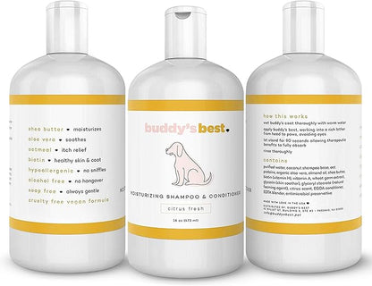 Buddy's Best Dog Shampoo for Smelly Dogs - Skin-Friendly, Oatmeal Dog Shampoo and Conditioner for Dry and Sensitive Skin - Moisturizing Puppy Wash Shampoo, Citrus Fresh Scent, 16oz
