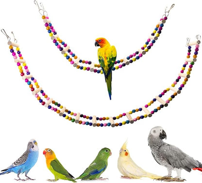 PINVNBY 2 PCS Extra Large Bird Ladder Toys, Wooden Parakeet Swing Toys with Colored Beads, Bird Cage Accessories for Parrot Macaws African Greys Conure Cockatiel (25.6''-10 Steps and 39.3''-18 Steps)